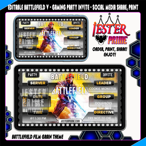 Editable Gaming Party Invites - Battlefield Film Grain