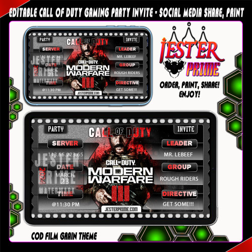 Editable Gaming Party Invites - Call of Duty Film Grain