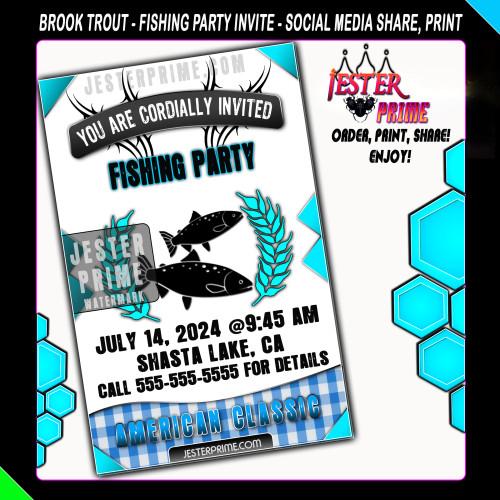 Editable Fishing Party Invitation - Brook Trout Plaid