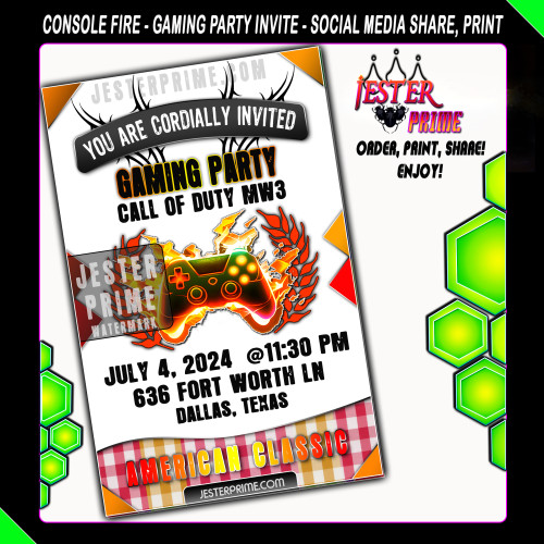 Editable Gaming Party Invitation - Controller Plaid Fire