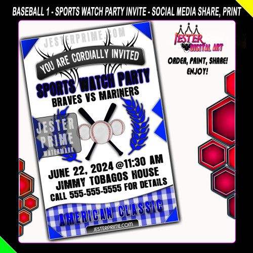 Editable Baseball Sports Watch Party Invitation - Picnic Bats & Balls