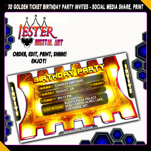 3D Golden Ticket - Editable Birthday Party Invitation