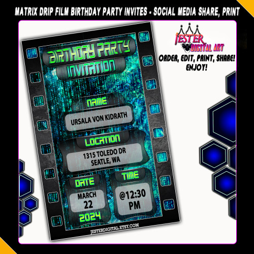 Editable Birthday Party Invitation - Matrix Film