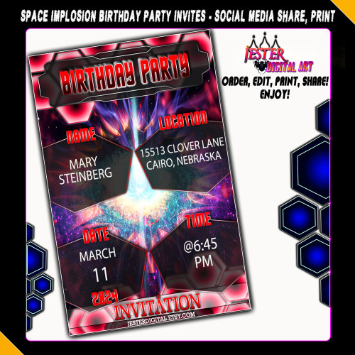 Editable Birthday Party Invitation - Space Spark Implosion