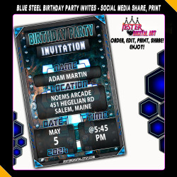 Editable Birthday Party Invitation - Square Blue Steel