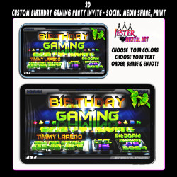 Kids 3D Gaming Birthday Party Invitation - Custom Horizontal - Green Steel 