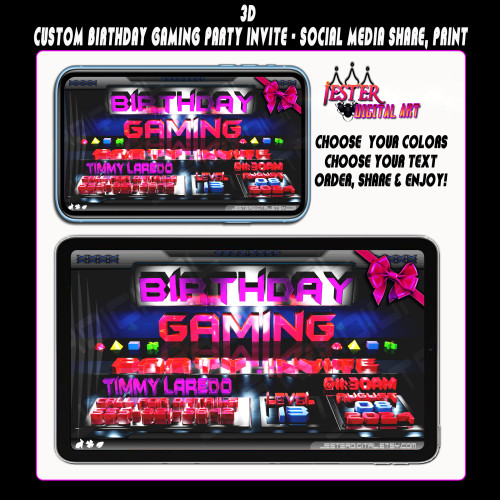 Kids 3D Gaming Birthday Party Invitation - Custom Horizontal - Crimson Steel