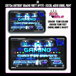 Kids 3D Gaming Birthday Party Invitation - Custom Horizontal - Blue Steel