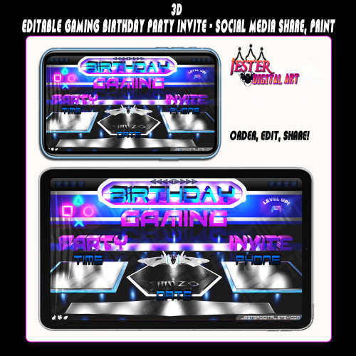 Kids 3D Gaming Birthday Party Invitation - Editable Horizontal - Fighter Drone Blue