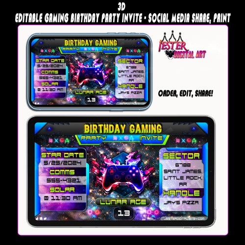 Kids 3D Gaming Birthday Party Invitation - Editable Horizontal - Console Madness