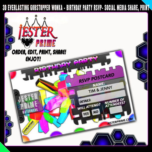 3D Everlasting Gobstopper Willy Wonka - Editable Birthday Party Invitation RSVP