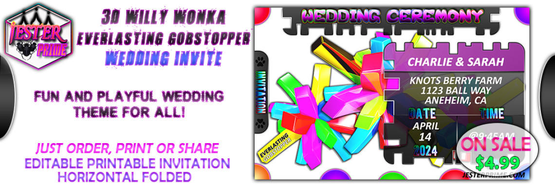 3d willy wonka everlasting gobstopper wedding invite